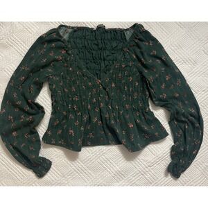 American Eagle Women's Top Medium Smocked Peplum Green Floral V-Neck Long Sleeve